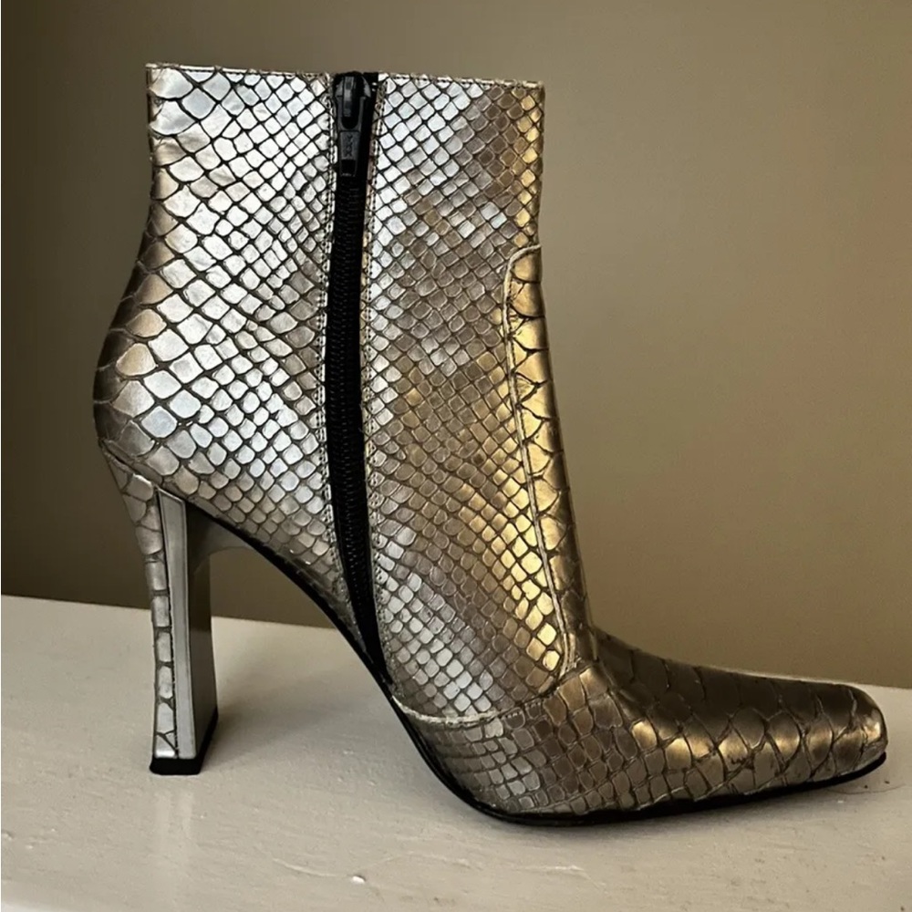 Via Spiga Silver Sequence Snake Skin Heeled Square Toe Booties
